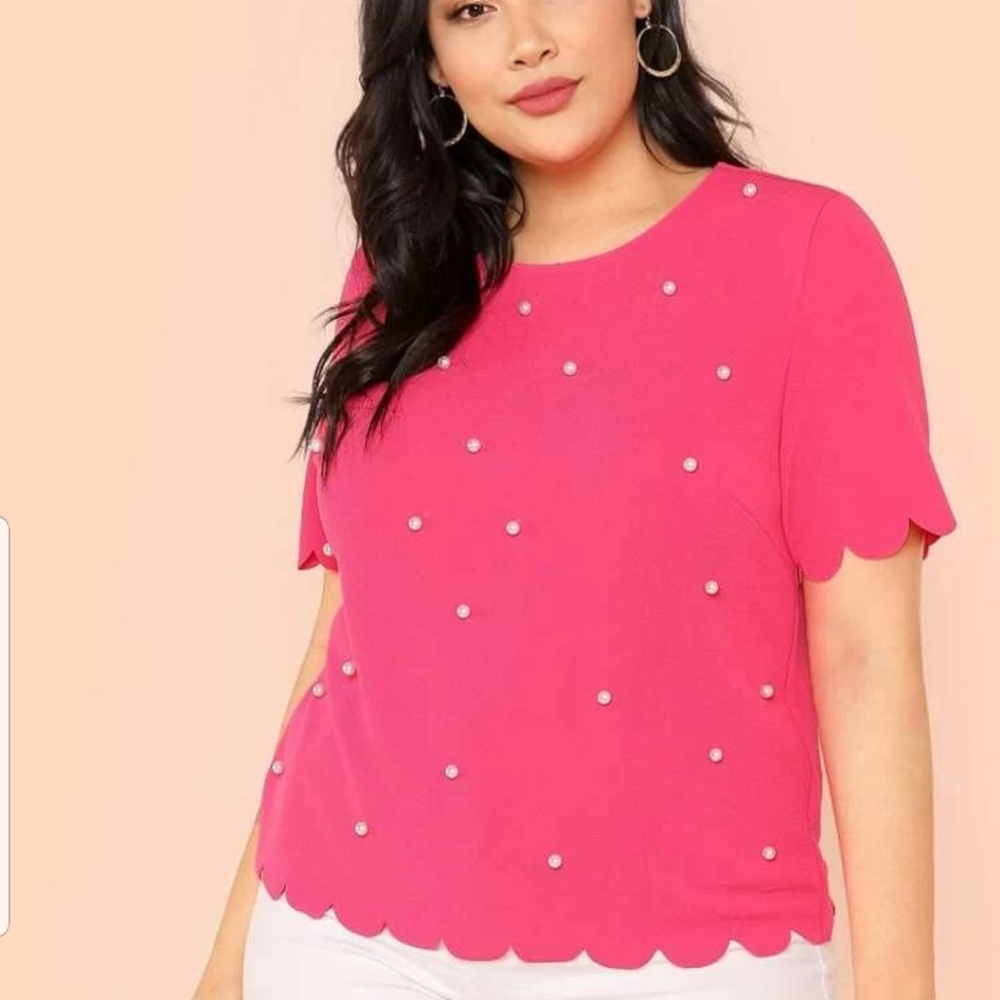 Plus Pearl Beading Scalloped Textured Top